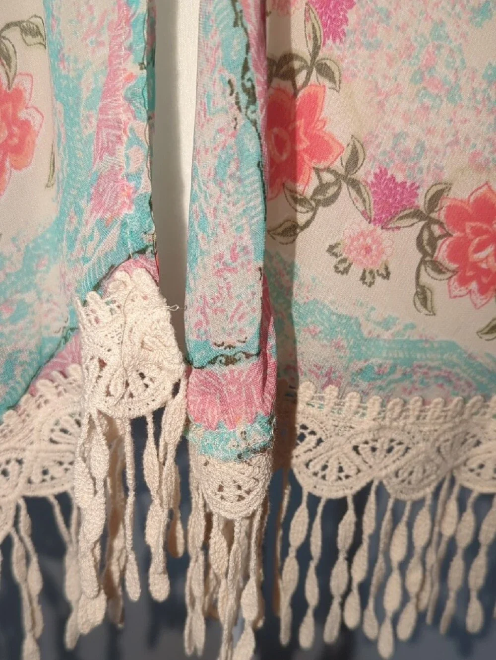 ENTRO Cream Floral Fringe Kimono with Pink & Teal Accents